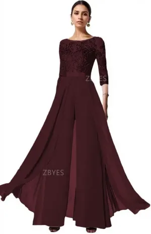 3 Piece Mother of The Bride Pant Suits for Wedding Chiffon Lace Applique 3/4 Sleeve Formal Pantsuits for Women Dressy