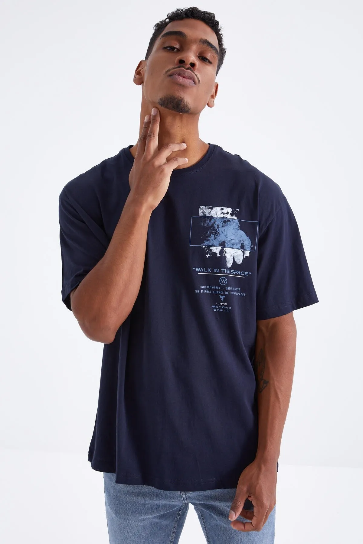 baski detayli o yaka erkek oversize t-shirt - 88099