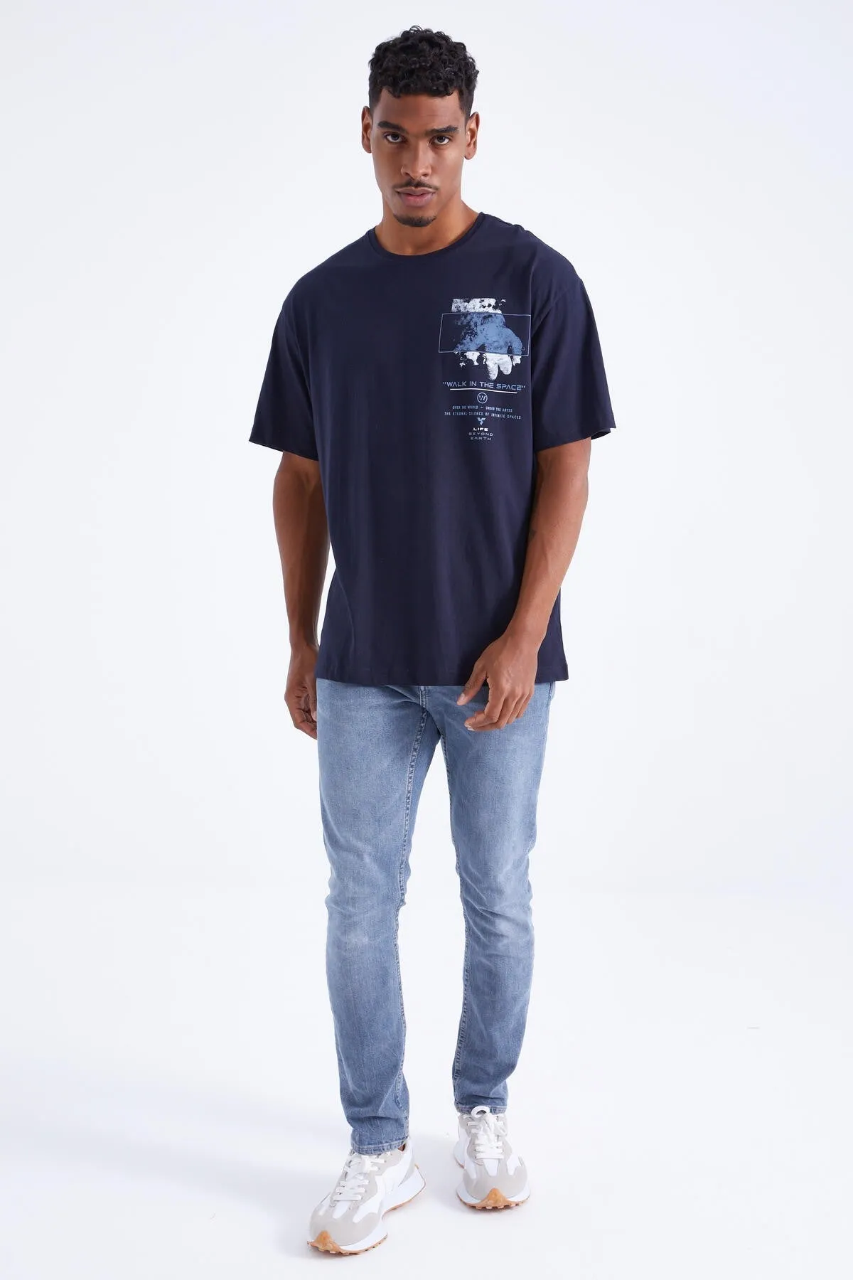 baski detayli o yaka erkek oversize t-shirt - 88099