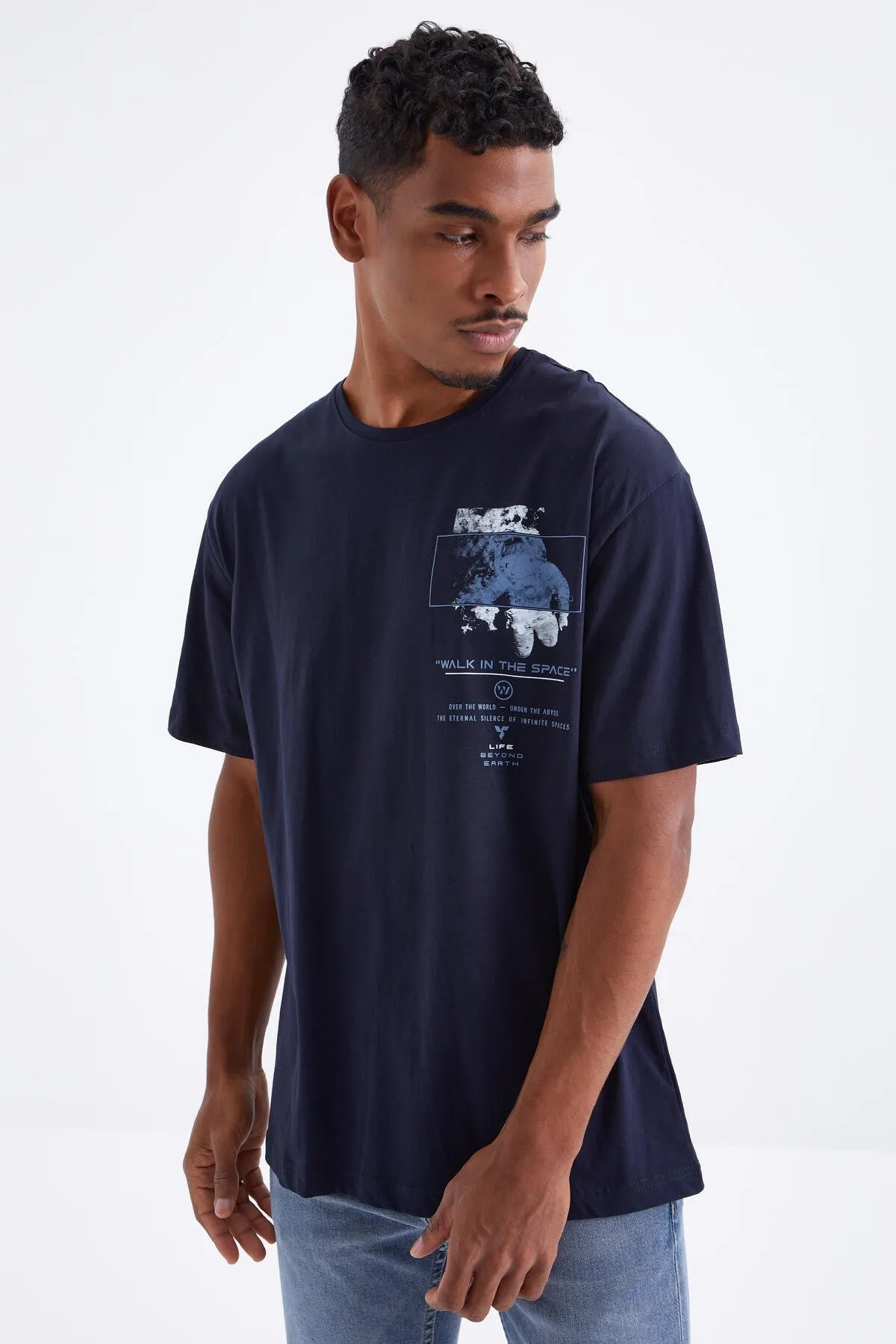 baski detayli o yaka erkek oversize t-shirt - 88099