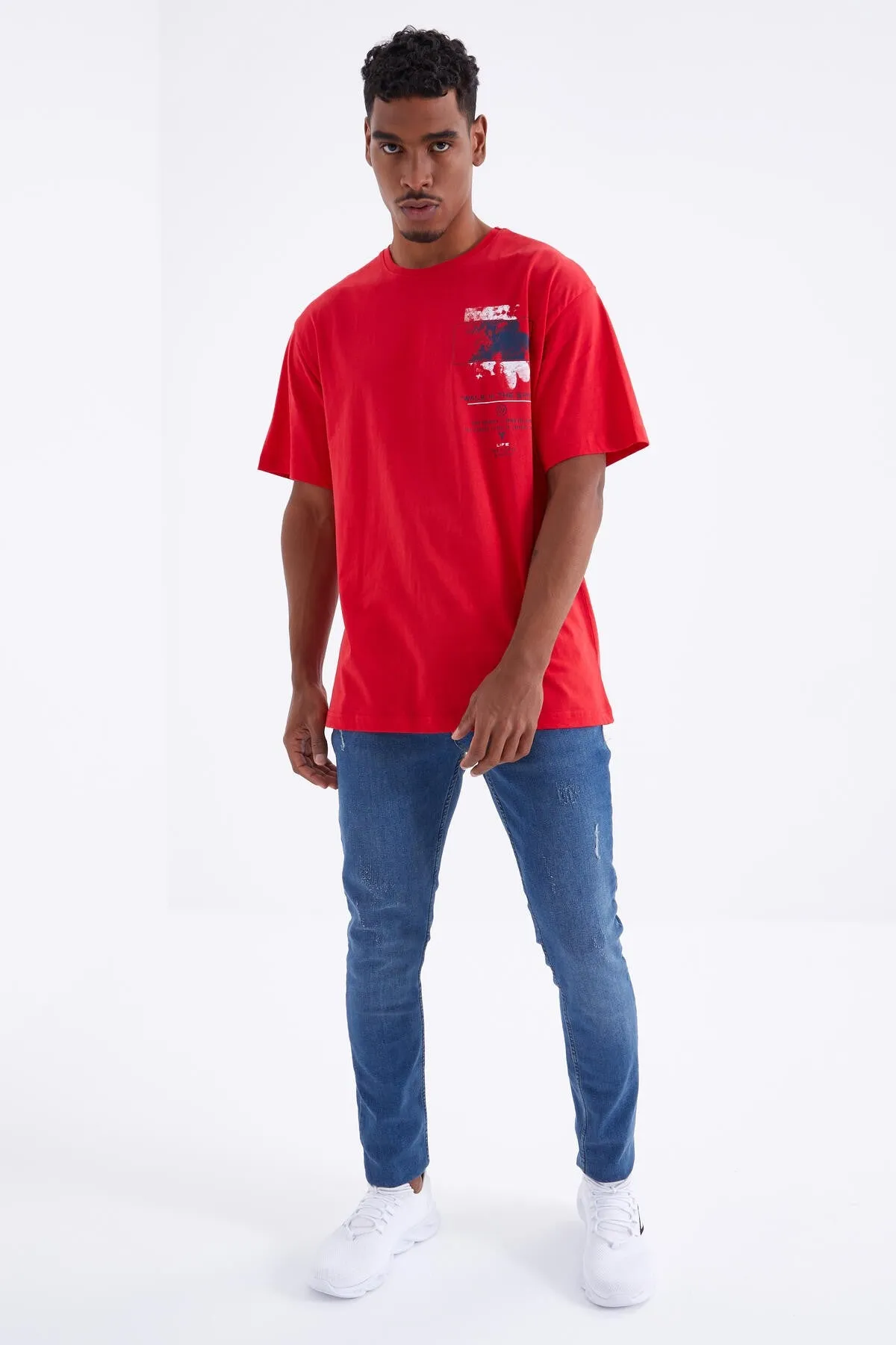 baski detayli o yaka erkek oversize t-shirt - 88099