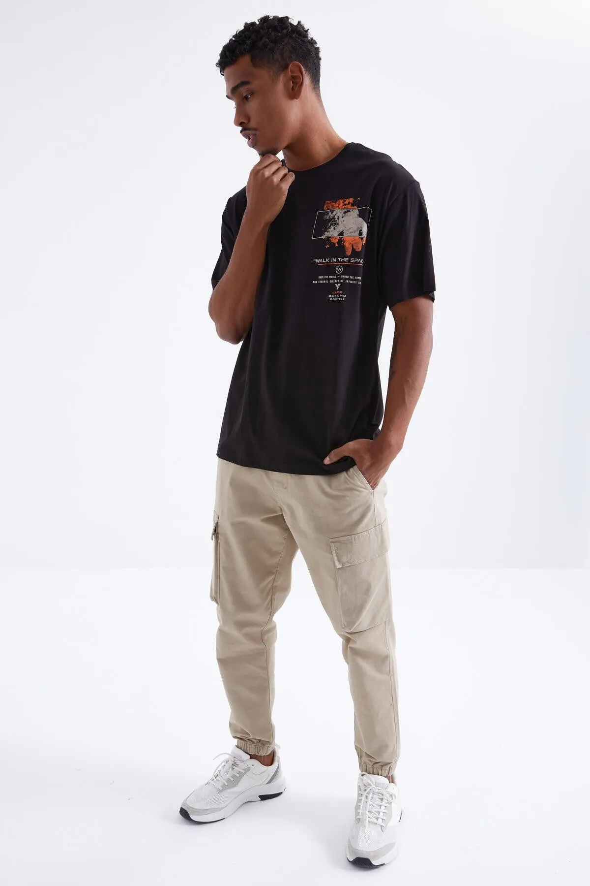 baski detayli o yaka erkek oversize t-shirt - 88099