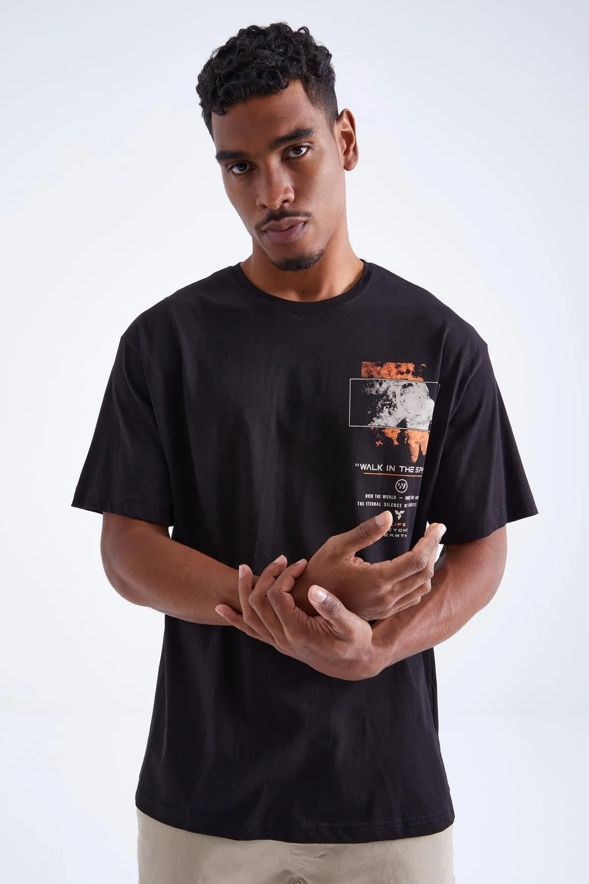 baski detayli o yaka erkek oversize t-shirt - 88099