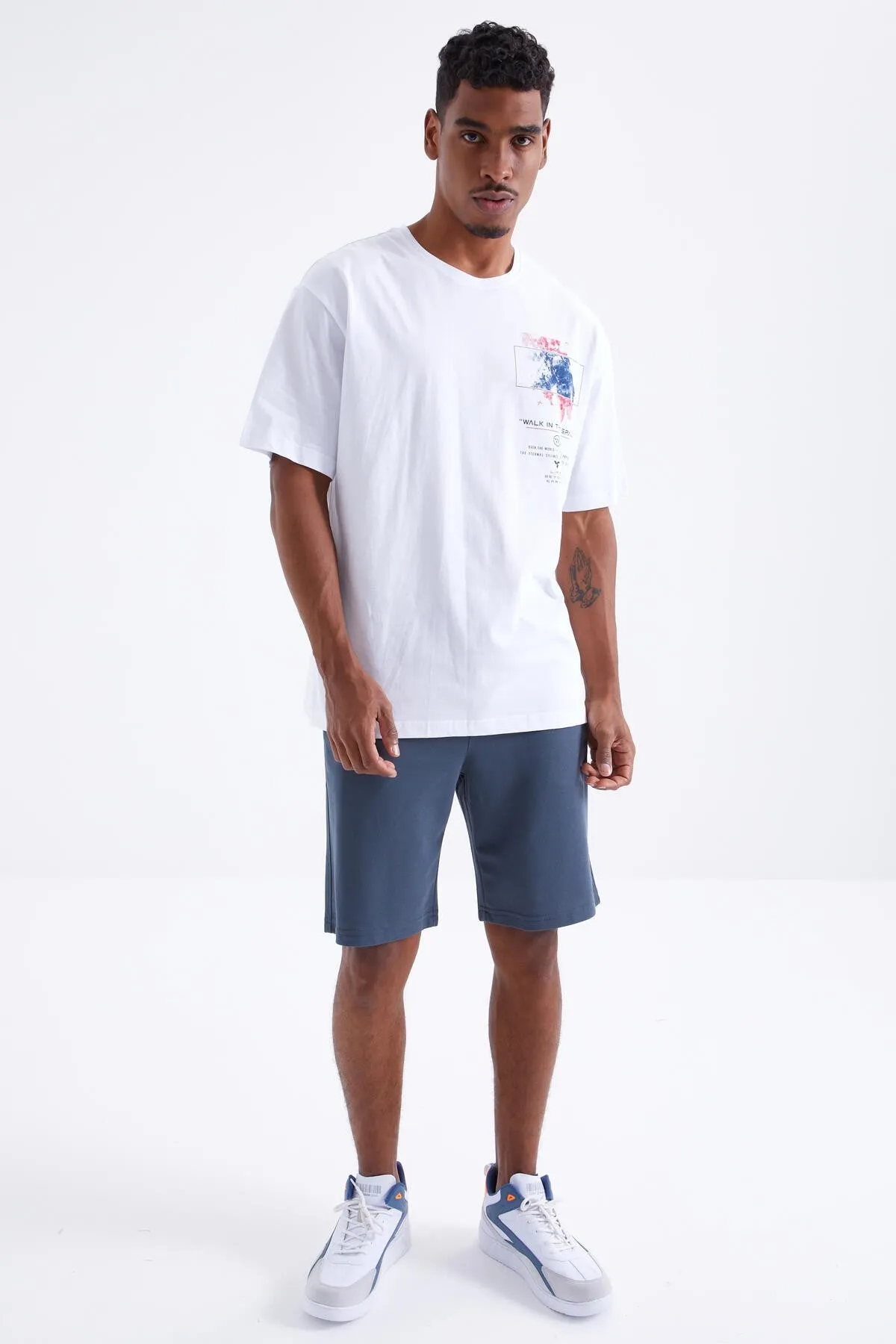 baski detayli o yaka erkek oversize t-shirt - 88099