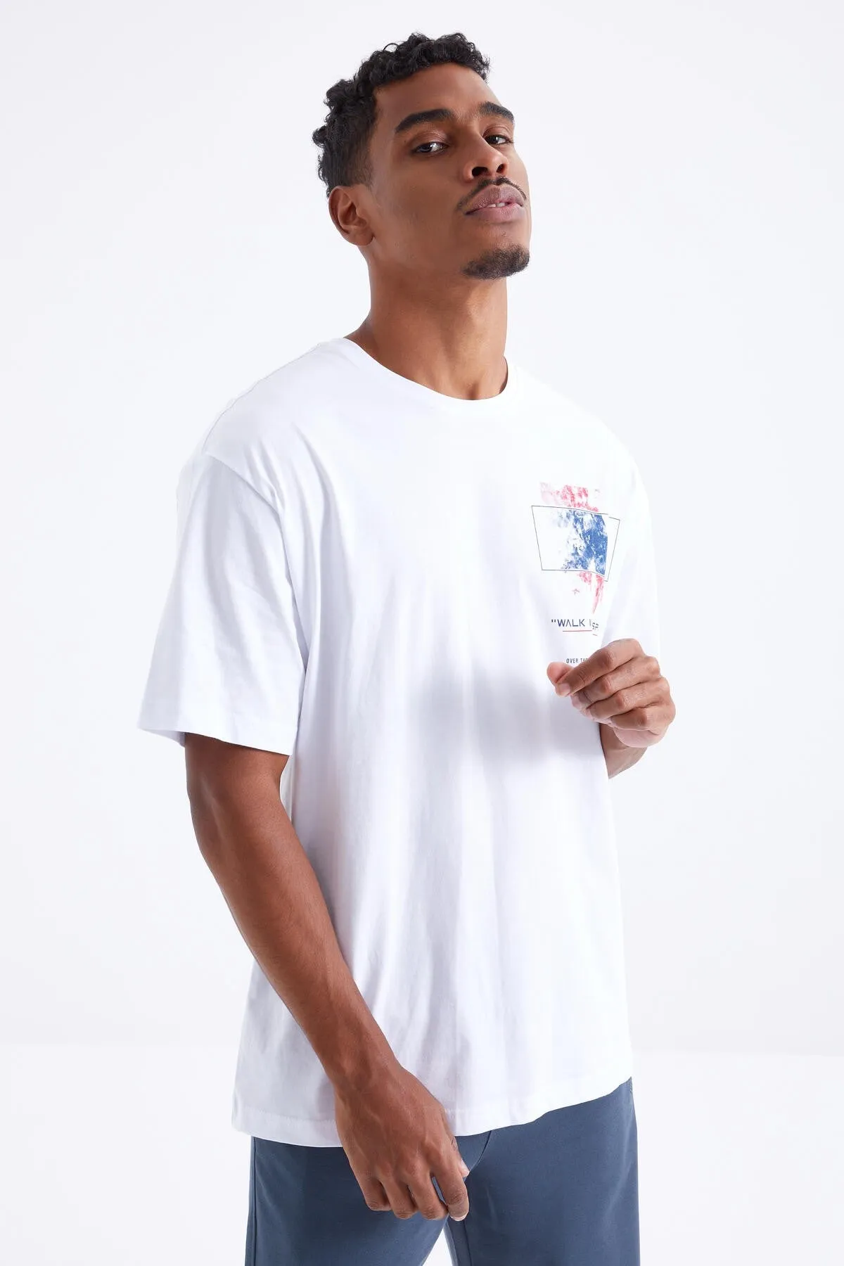baski detayli o yaka erkek oversize t-shirt - 88099