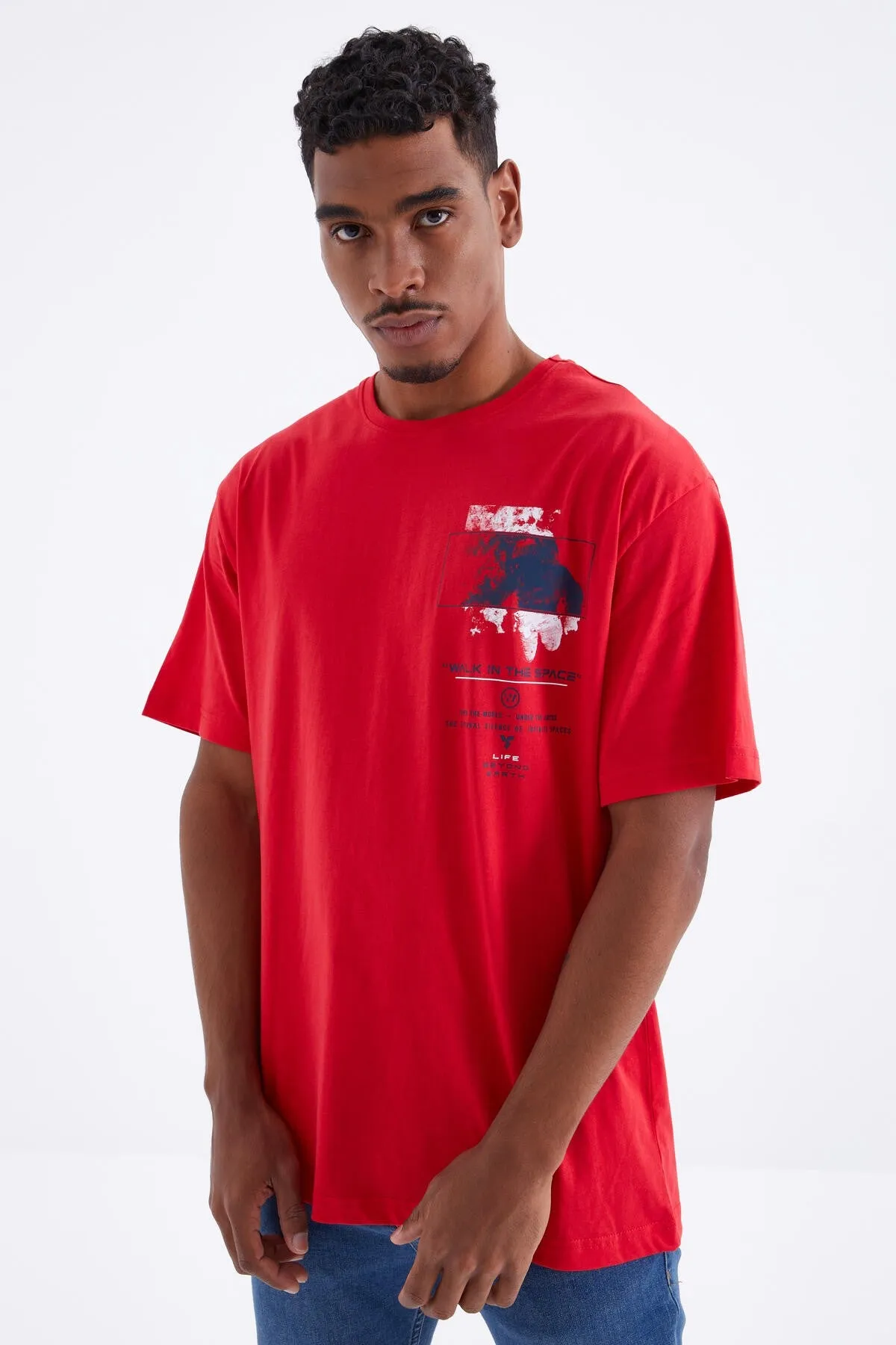 baski detayli o yaka erkek oversize t-shirt - 88099