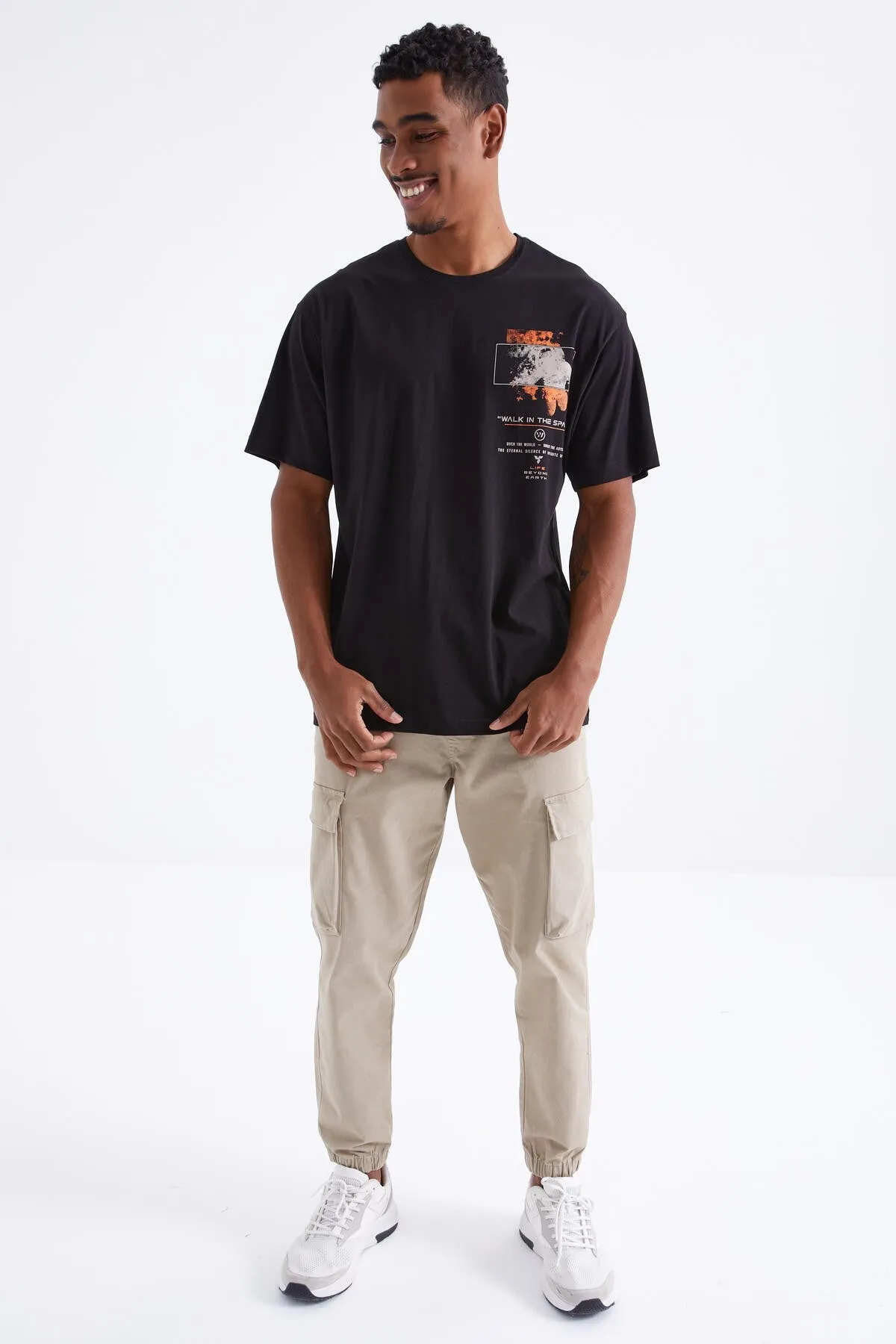 baski detayli o yaka erkek oversize t-shirt - 88099