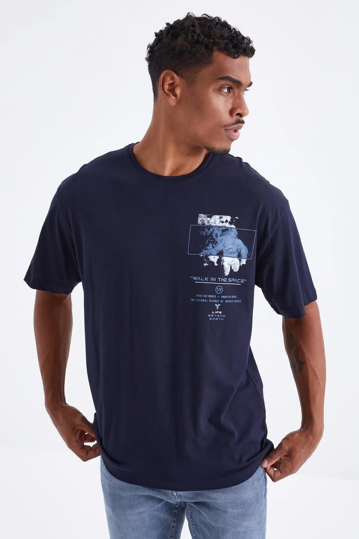 baski detayli o yaka erkek oversize t-shirt - 88099