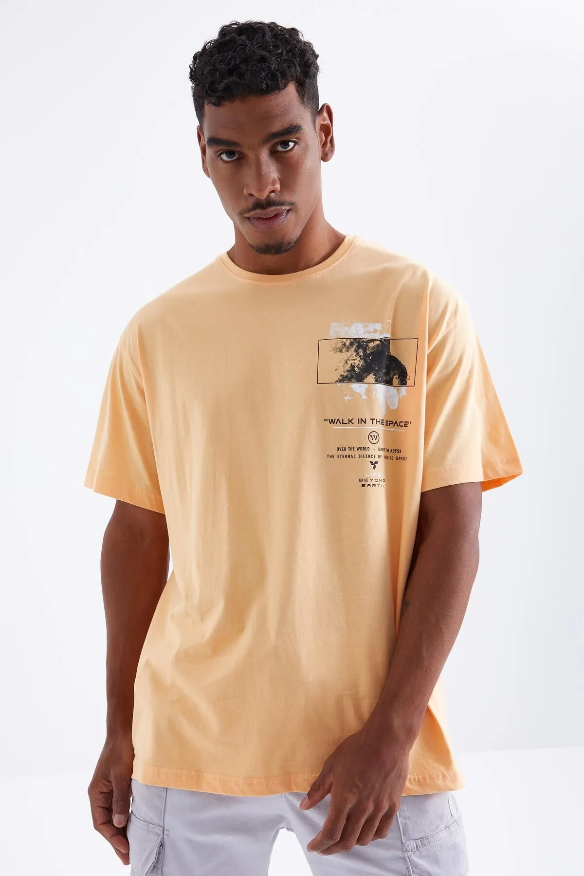 baski detayli o yaka erkek oversize t-shirt - 88099