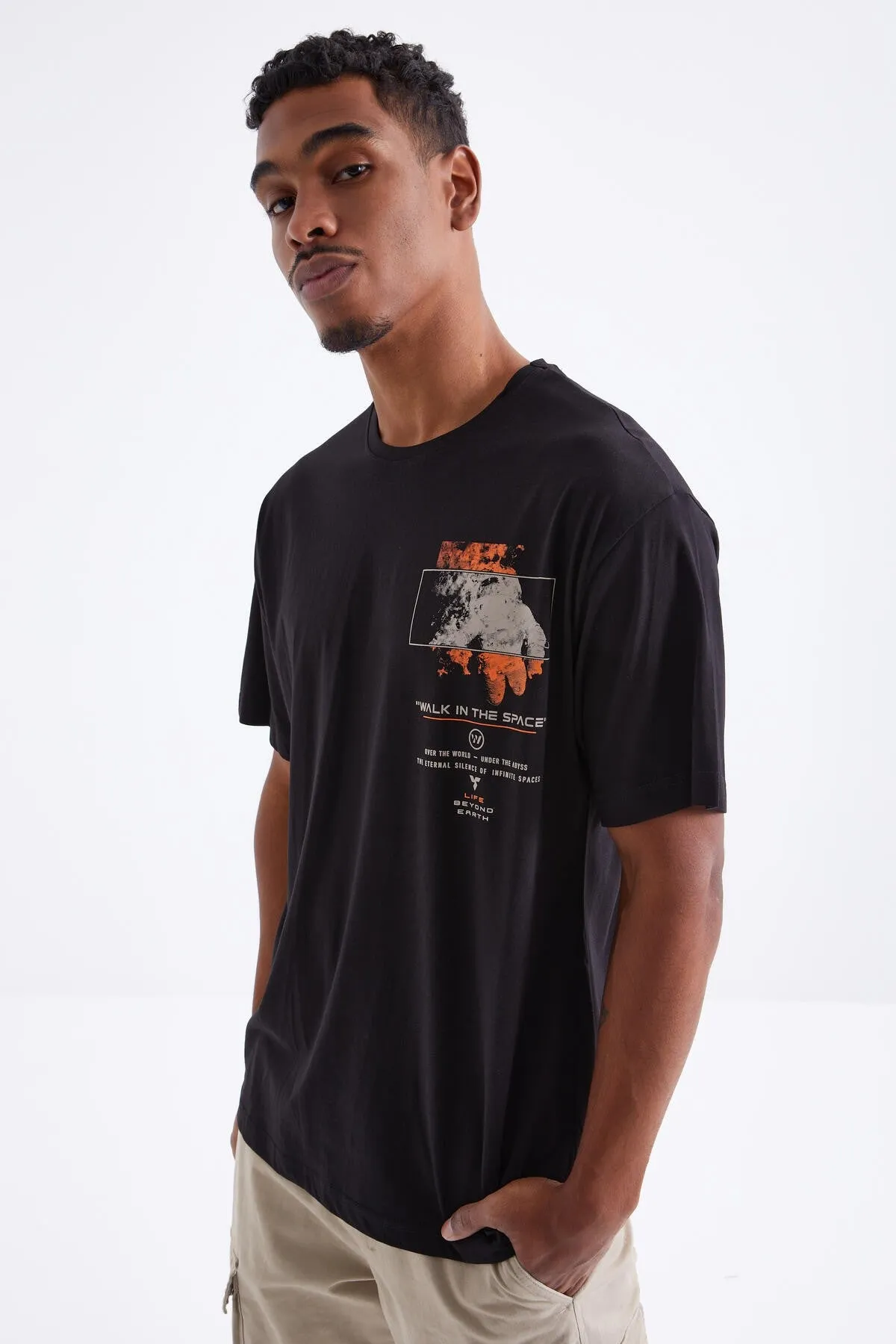 baski detayli o yaka erkek oversize t-shirt - 88099