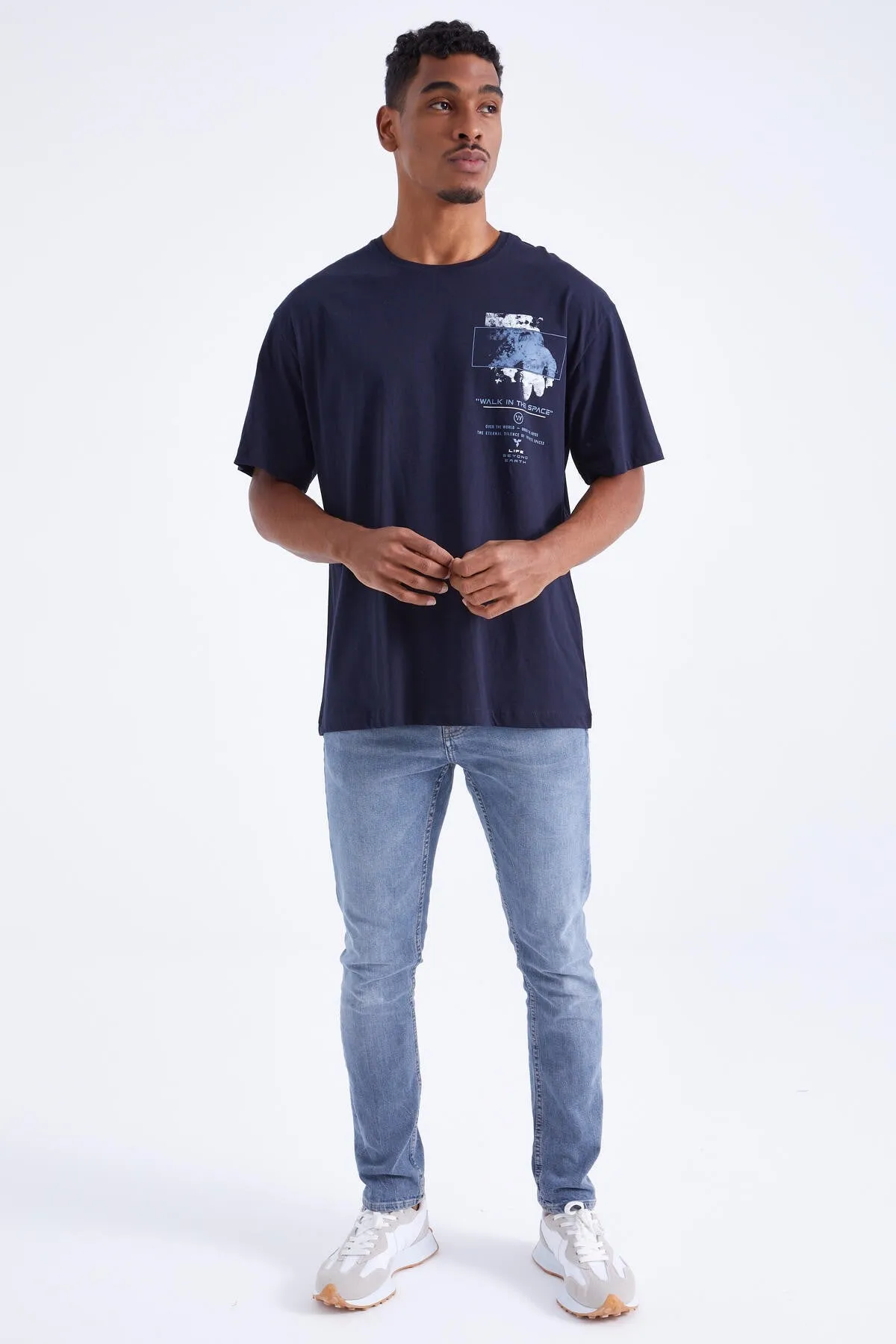 baski detayli o yaka erkek oversize t-shirt - 88099