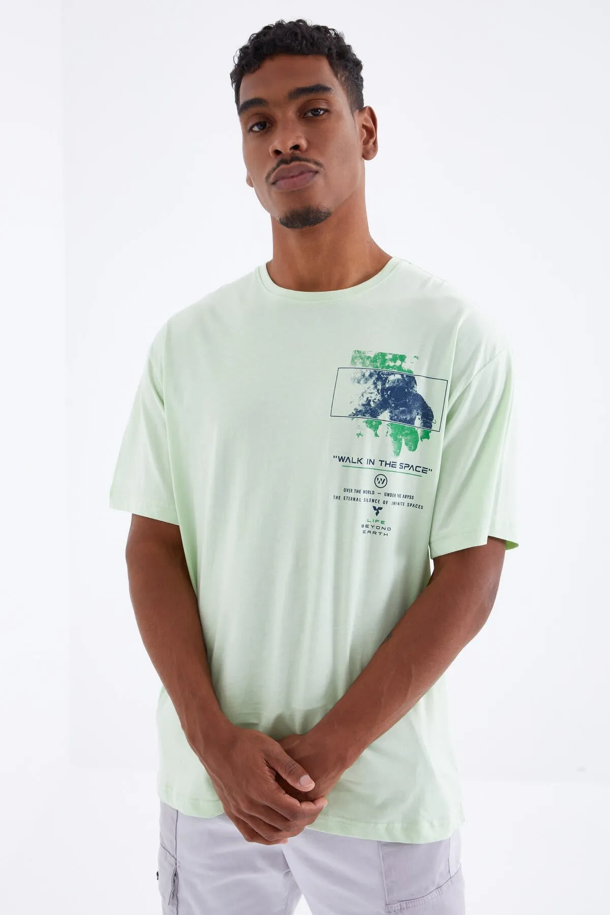 baski detayli o yaka erkek oversize t-shirt - 88099