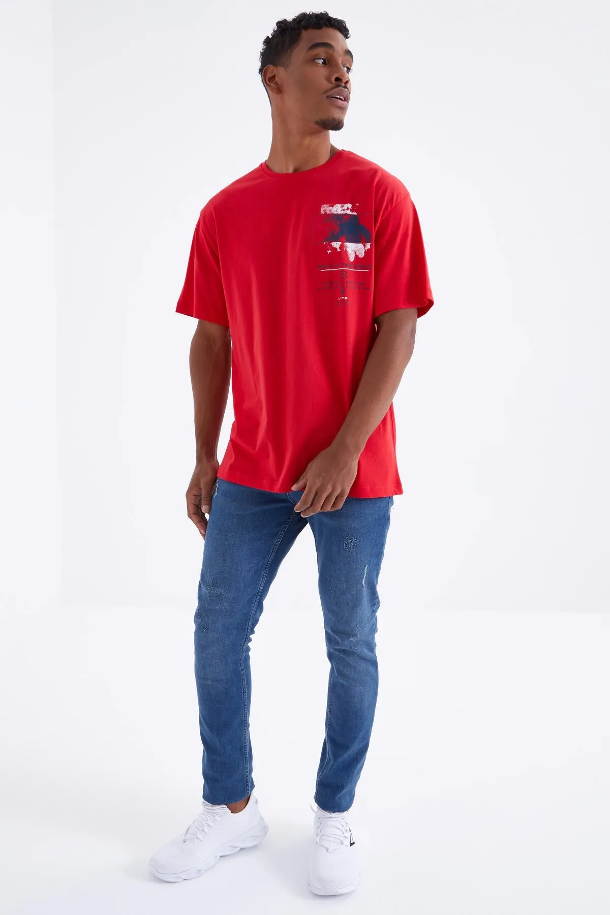 baski detayli o yaka erkek oversize t-shirt - 88099