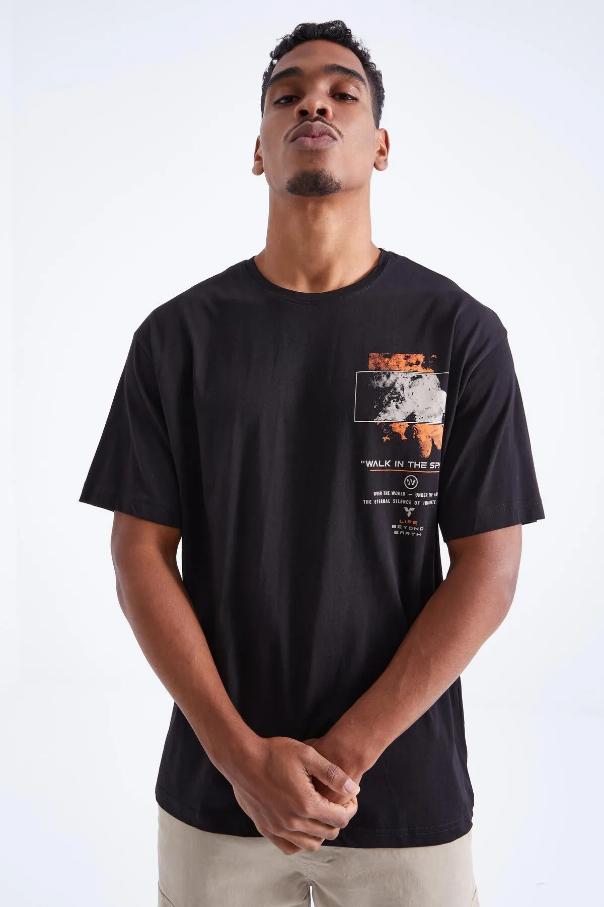 baski detayli o yaka erkek oversize t-shirt - 88099