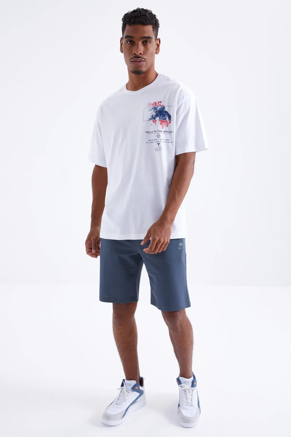 baski detayli o yaka erkek oversize t-shirt - 88099
