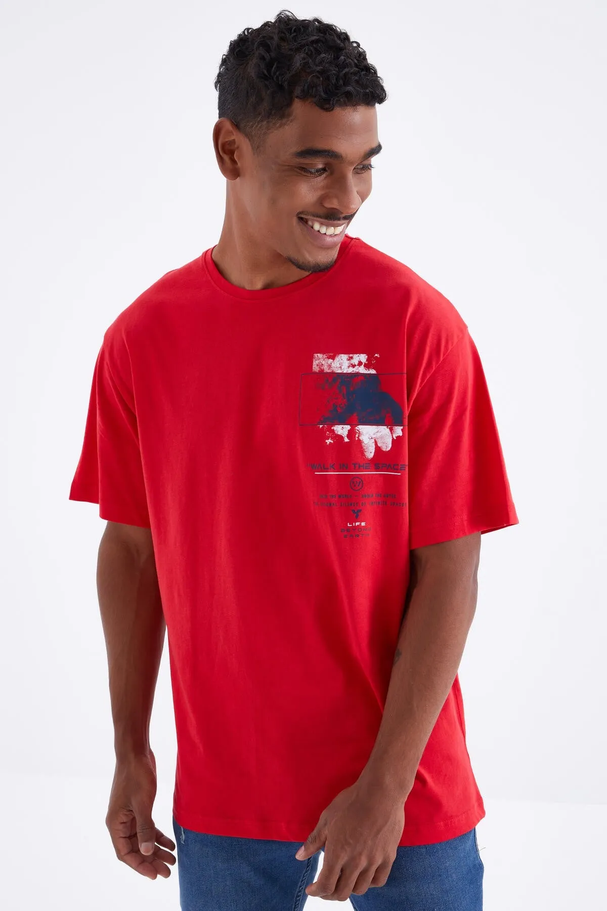 baski detayli o yaka erkek oversize t-shirt - 88099
