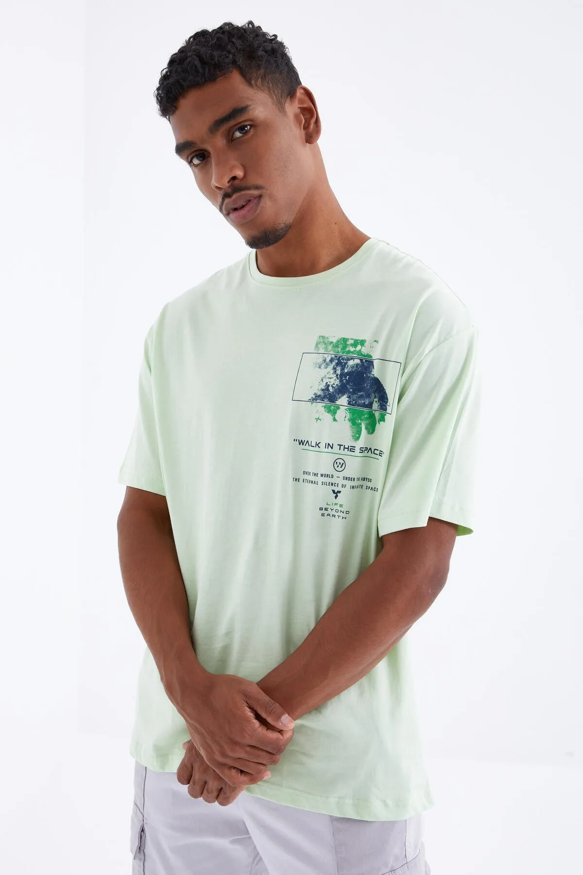 baski detayli o yaka erkek oversize t-shirt - 88099
