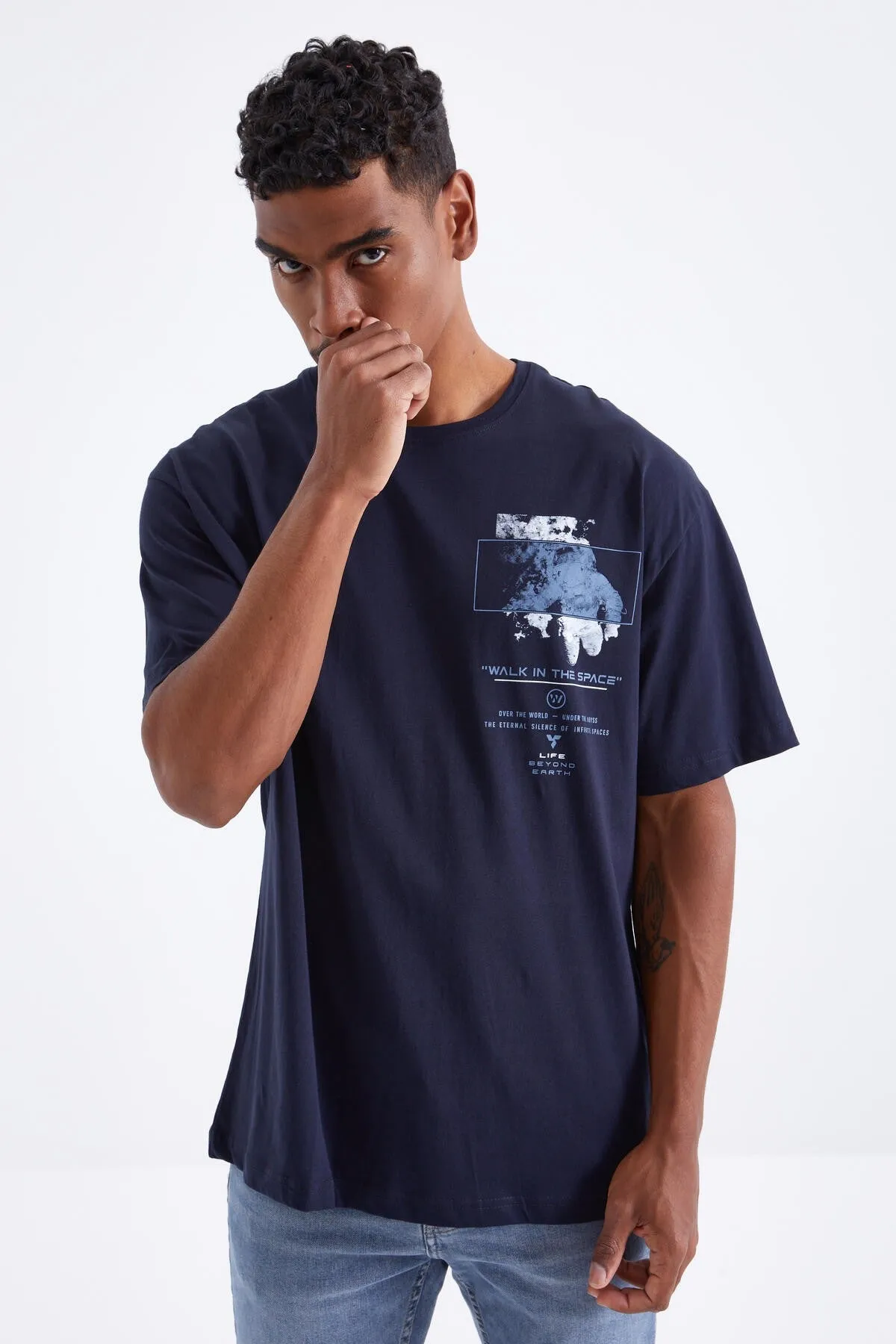 baski detayli o yaka erkek oversize t-shirt - 88099