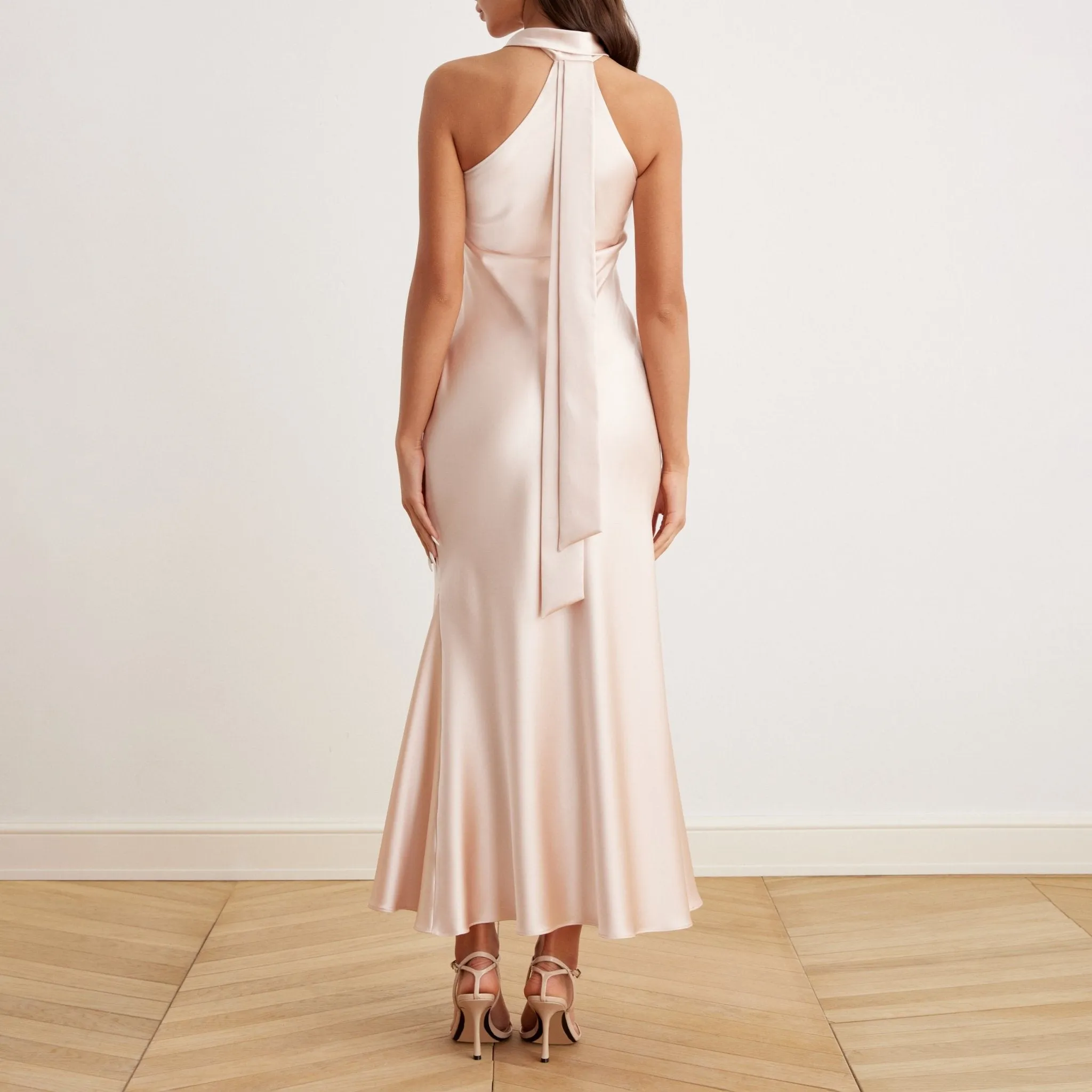 Beige Criss Cross Halter Satin Maxi Dress