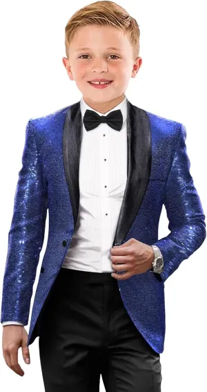 Boys Tuxedo Shiny Sequins Suit for Kids Slim Fit 2 Piece Formal Prom Dress Clothes Blazer Pants Bowtie
