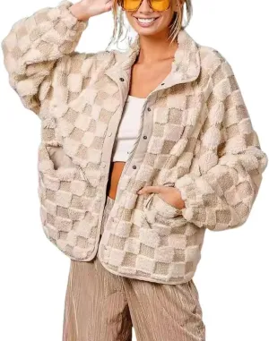 chouyatou Women Winter Casual Checkered Fleece Jacket Fuzzy Oversized Sherpa Jacket Shacket Faux Fur Coat