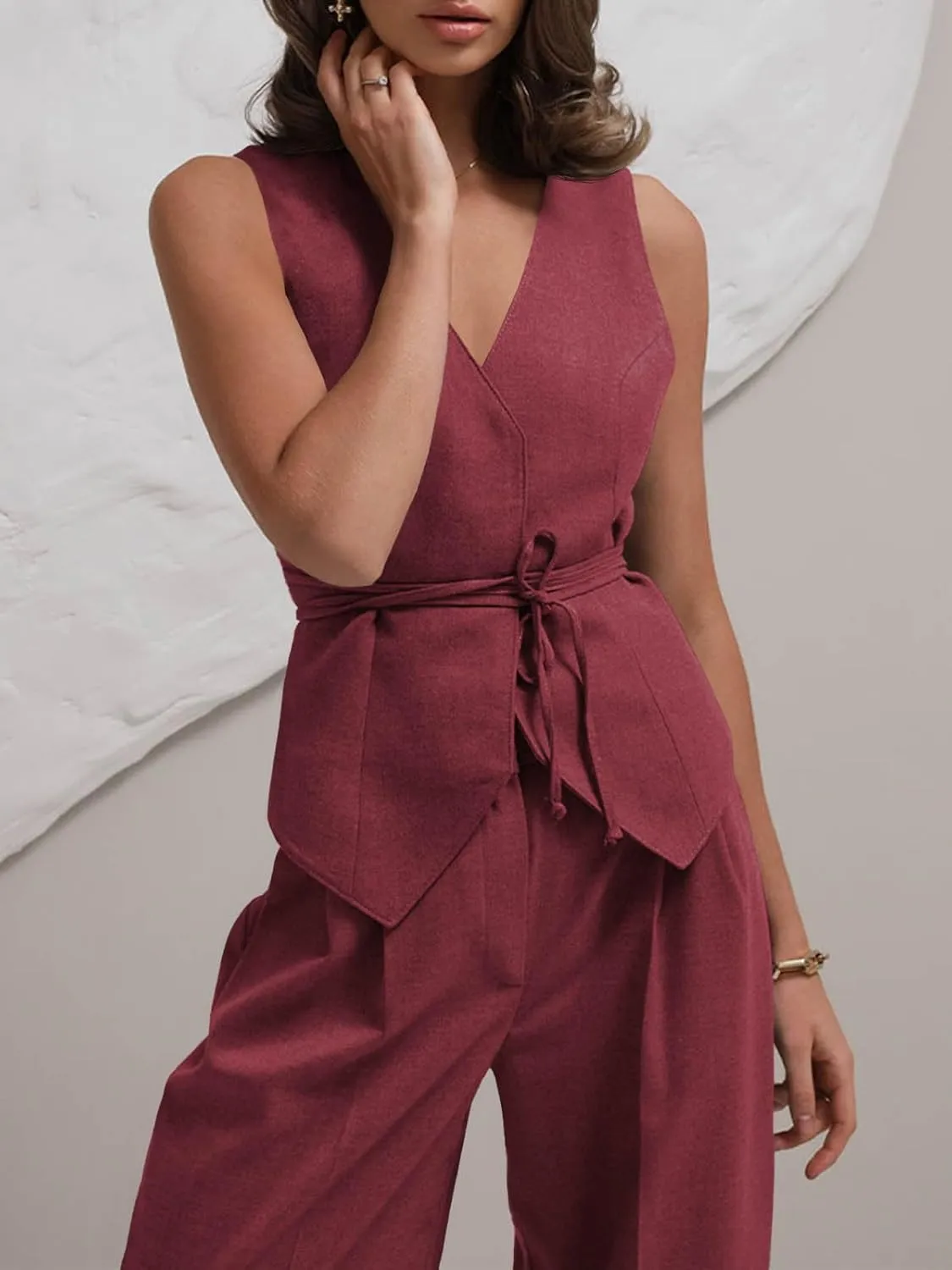 Cicy Bell Womens 2 Piece Outfits V Neck Tie Waist Blazer Vest and Wide Leg Business Casual Suit Pants Sets