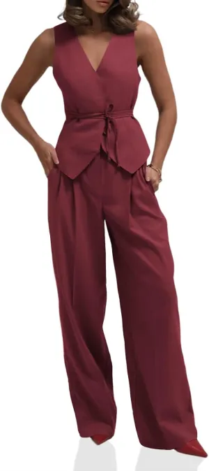 Cicy Bell Womens 2 Piece Outfits V Neck Tie Waist Blazer Vest and Wide Leg Business Casual Suit Pants Sets