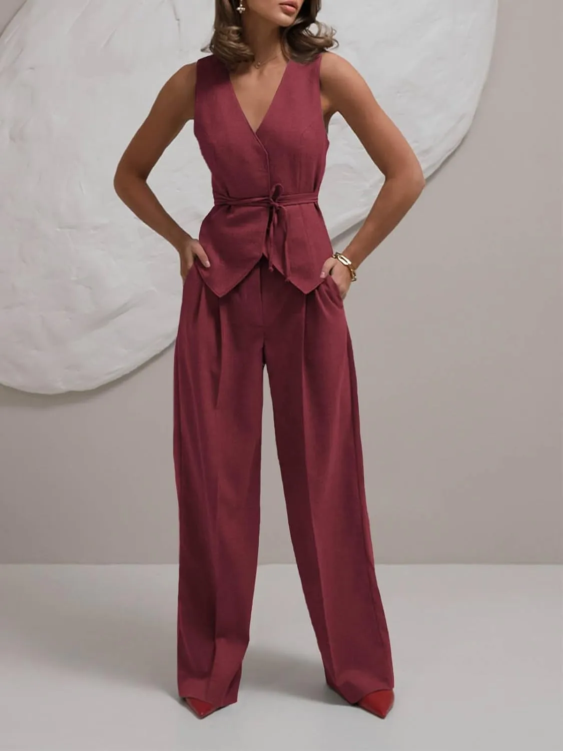 Cicy Bell Womens 2 Piece Outfits V Neck Tie Waist Blazer Vest and Wide Leg Business Casual Suit Pants Sets