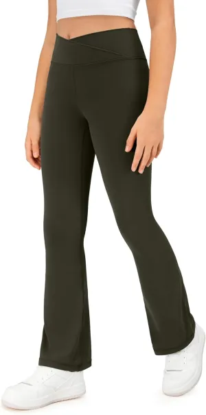 CRZ YOGA Girls Butterluxe Crossover Flare Leggings - Kids High Waist V Cross Bell Bottoms Bootcut Lounge Active Yoga Pants