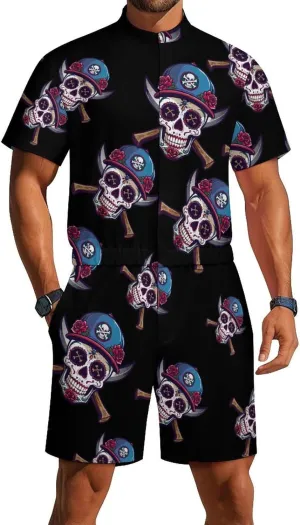 Day of The Dead Skull Oakland Mens Short Sleeve Rompers Printed Slim Fit One Piece Jumpsuit with Pocket