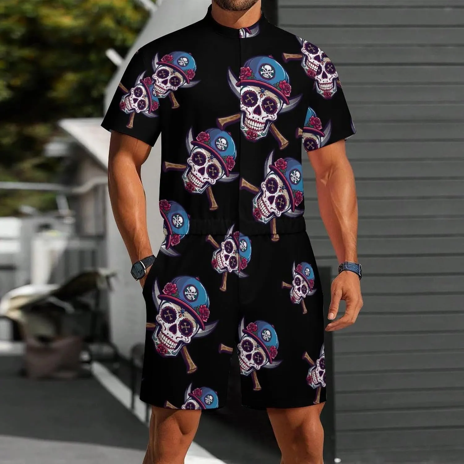 Day of The Dead Skull Oakland Mens Short Sleeve Rompers Printed Slim Fit One Piece Jumpsuit with Pocket