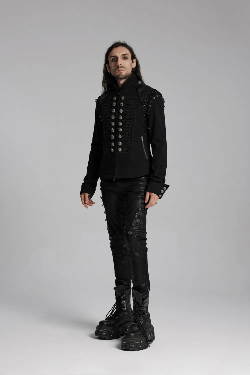 Detachable Sleeved Punk Military Jacket with Vintage Buttons