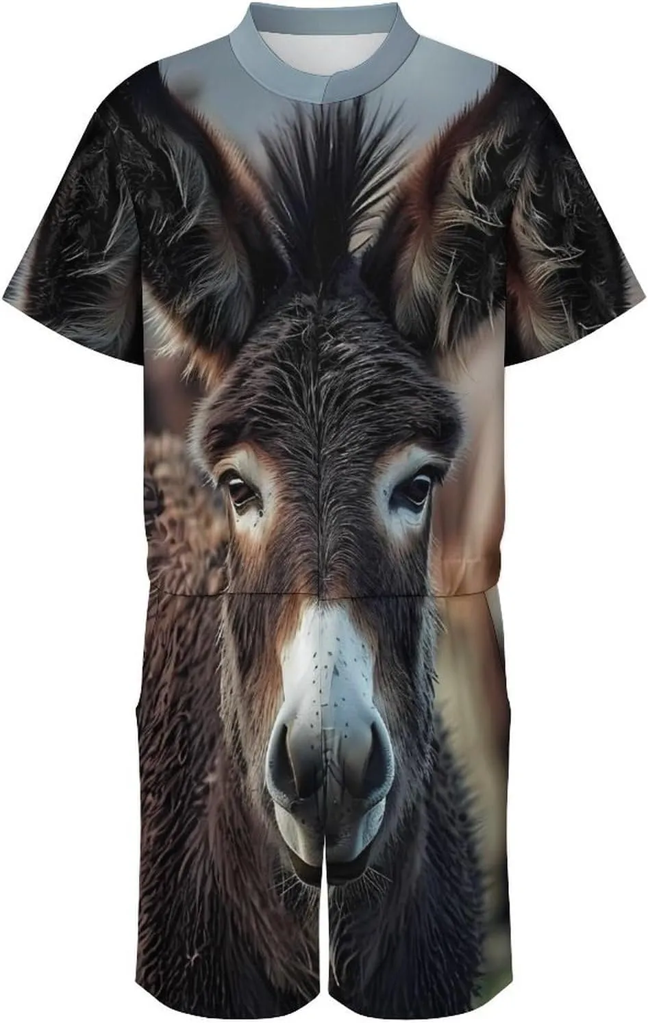 Donkey Mens Short Sleeve Rompers Printed Slim Fit One Piece Jumpsuit with Pocket