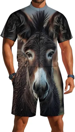 Donkey Mens Short Sleeve Rompers Printed Slim Fit One Piece Jumpsuit with Pocket