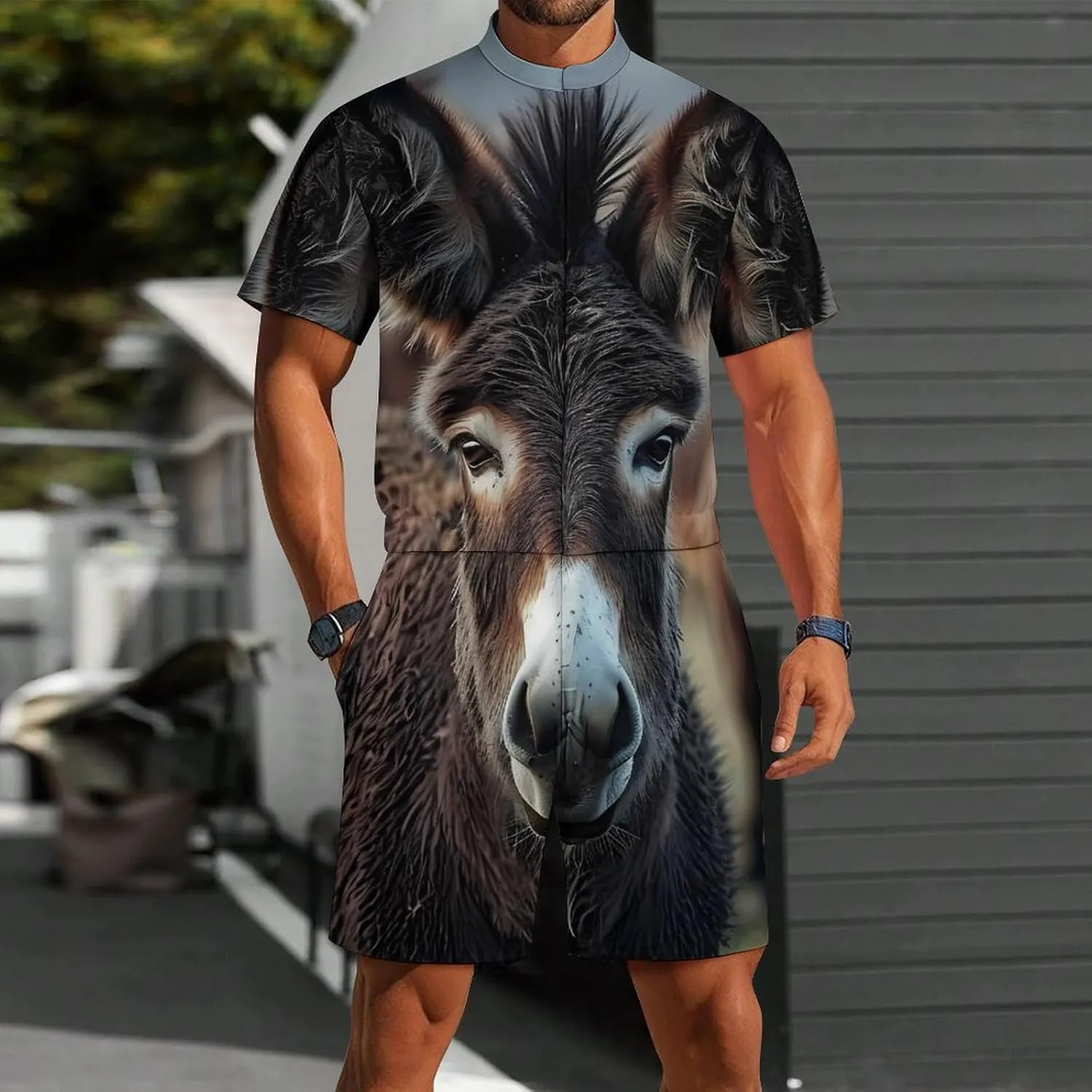 Donkey Mens Short Sleeve Rompers Printed Slim Fit One Piece Jumpsuit with Pocket