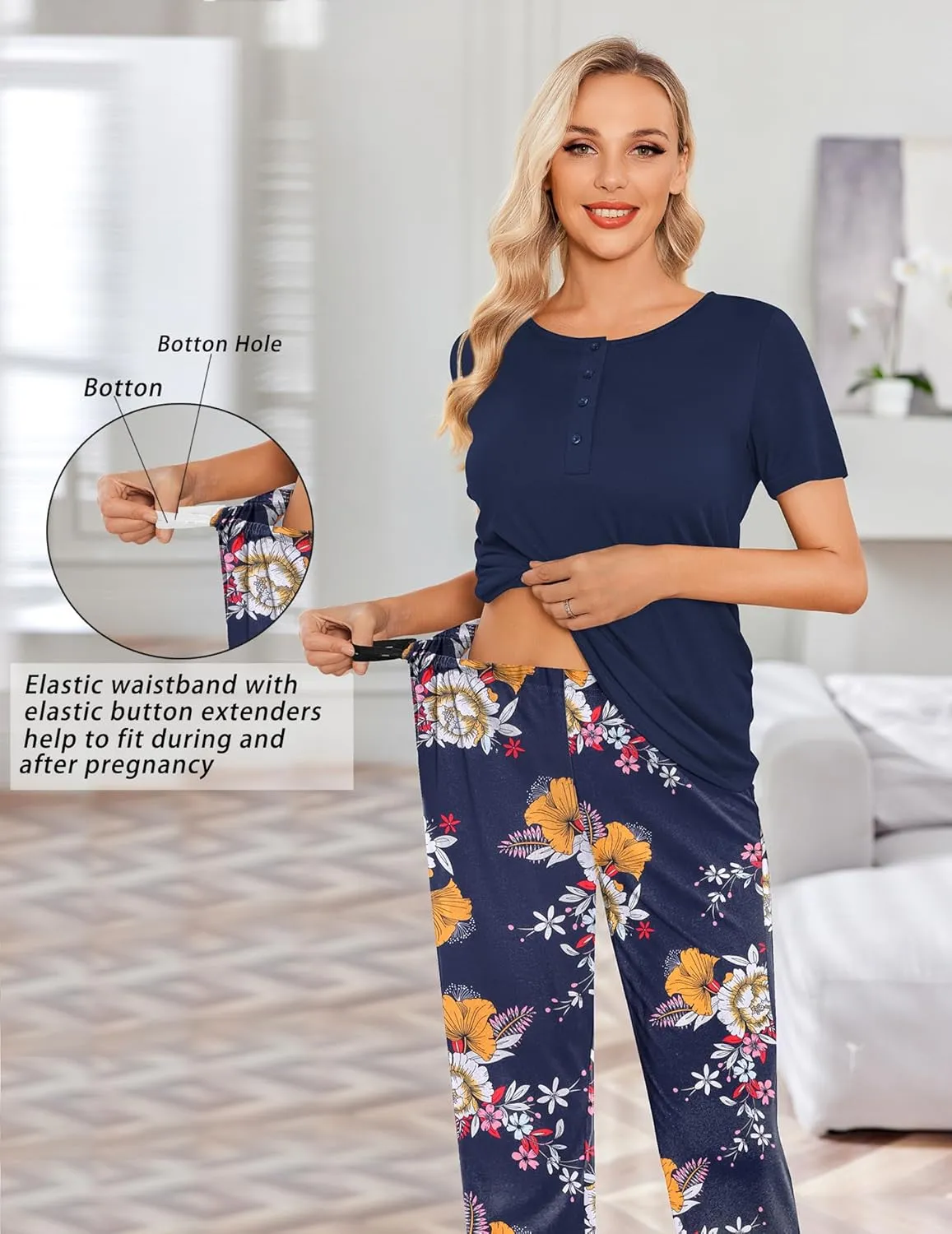 Ekouaer Women's Maternity Nursing Pajamas Sets Breastfeeding Printed Sleepwear Short Sleeve 2 Pcs Henley Top and Pants Set