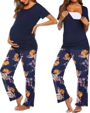 Ekouaer Women's Maternity Nursing Pajamas Sets Breastfeeding Printed Sleepwear Short Sleeve 2 Pcs Henley Top and Pants Set