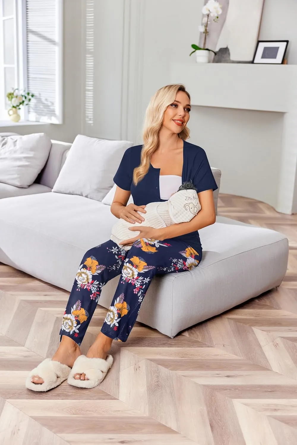 Ekouaer Women's Maternity Nursing Pajamas Sets Breastfeeding Printed Sleepwear Short Sleeve 2 Pcs Henley Top and Pants Set