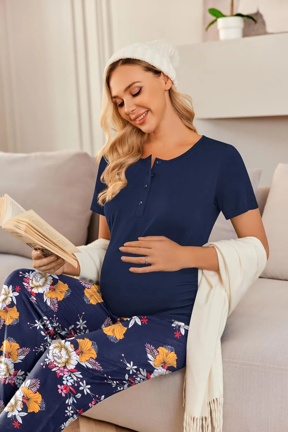 Ekouaer Women's Maternity Nursing Pajamas Sets Breastfeeding Printed Sleepwear Short Sleeve 2 Pcs Henley Top and Pants Set