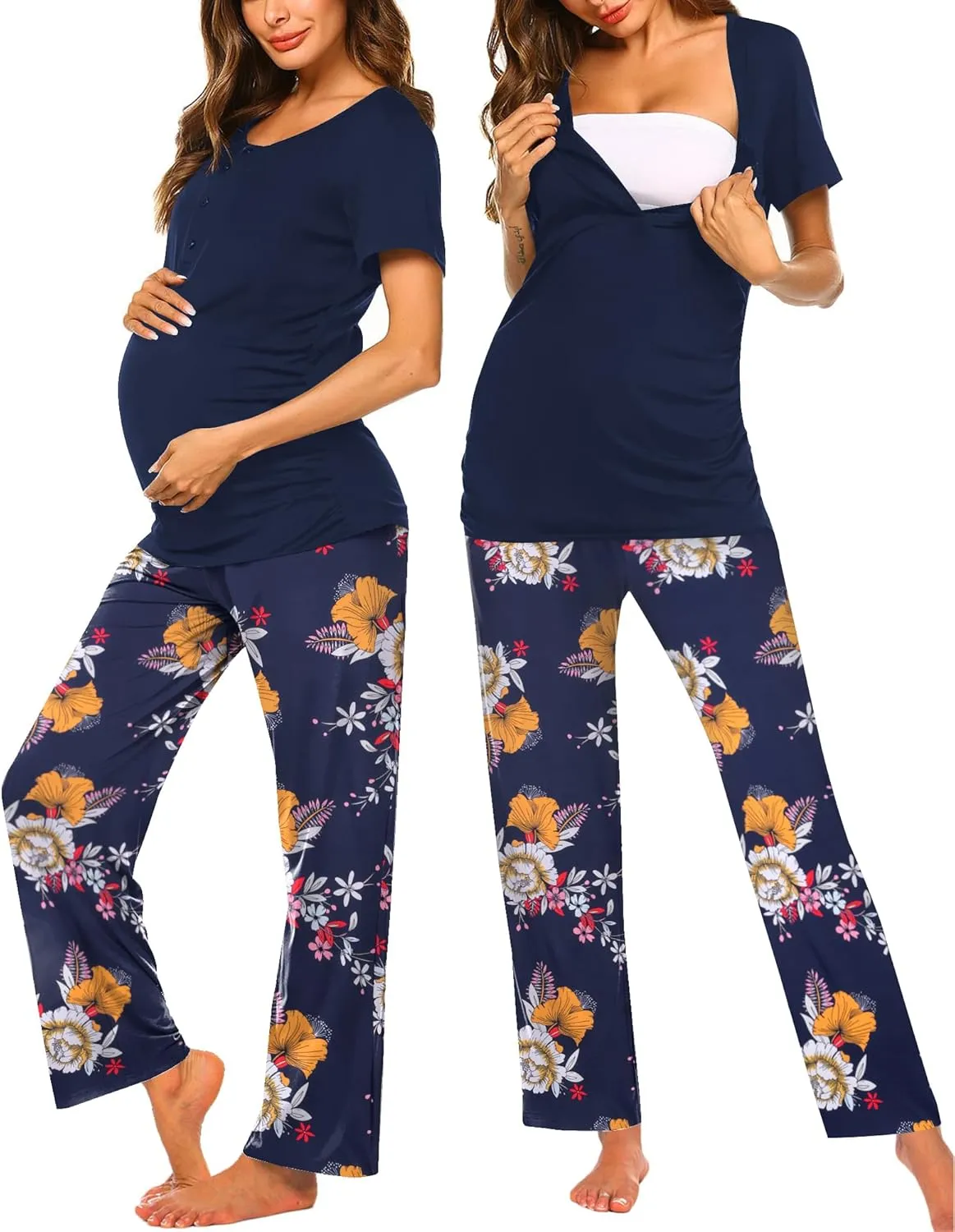 Ekouaer Women's Maternity Nursing Pajamas Sets Breastfeeding Printed Sleepwear Short Sleeve 2 Pcs Henley Top and Pants Set