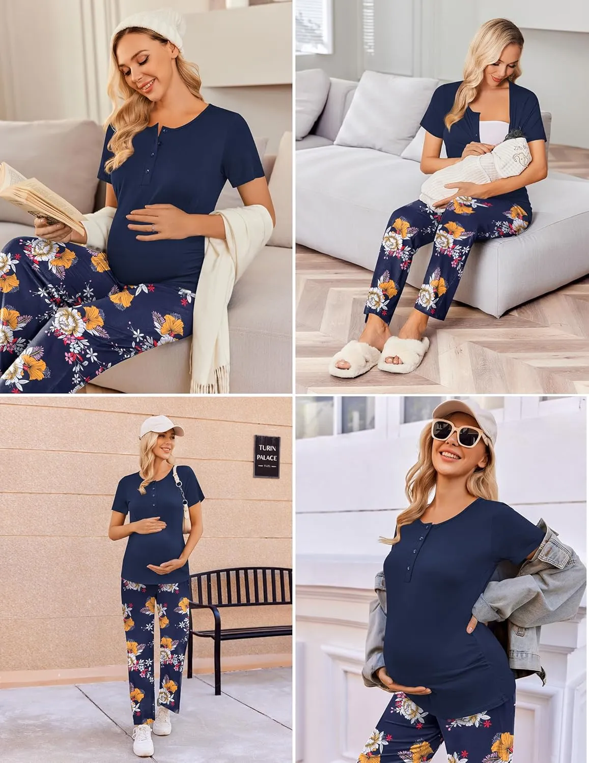 Ekouaer Women's Maternity Nursing Pajamas Sets Breastfeeding Printed Sleepwear Short Sleeve 2 Pcs Henley Top and Pants Set