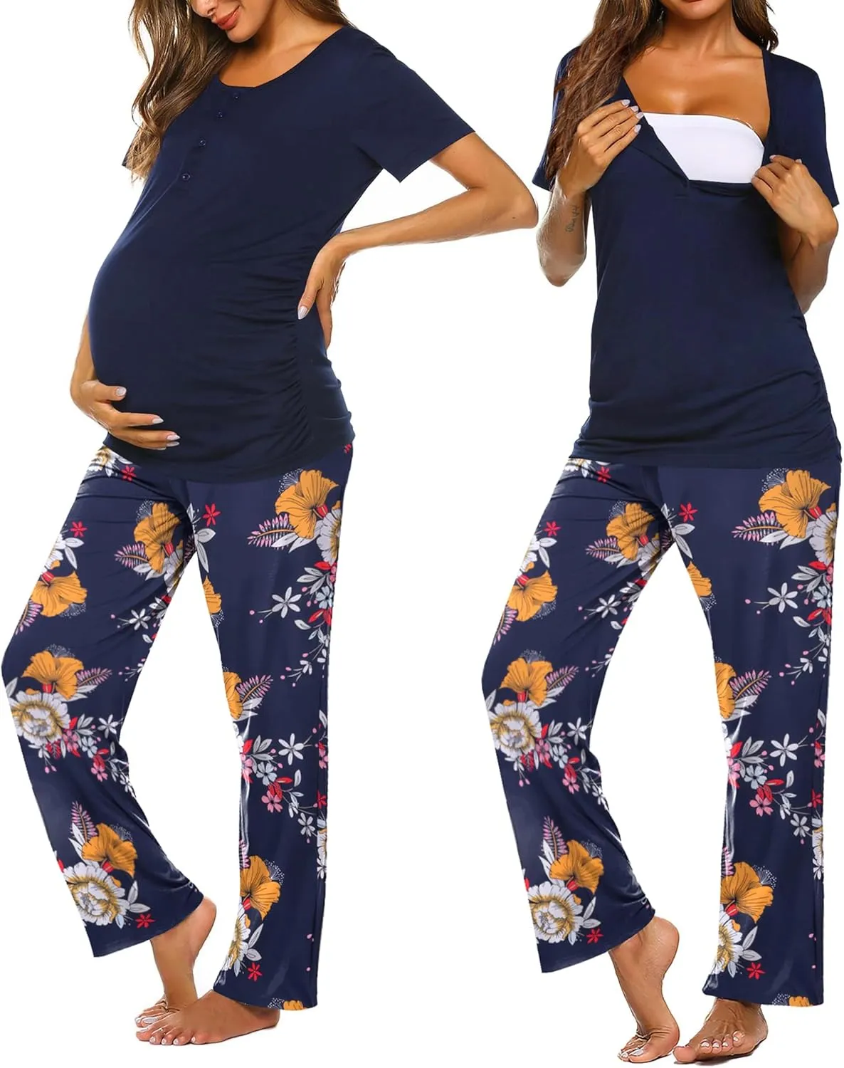 Ekouaer Women's Maternity Nursing Pajamas Sets Breastfeeding Printed Sleepwear Short Sleeve 2 Pcs Henley Top and Pants Set