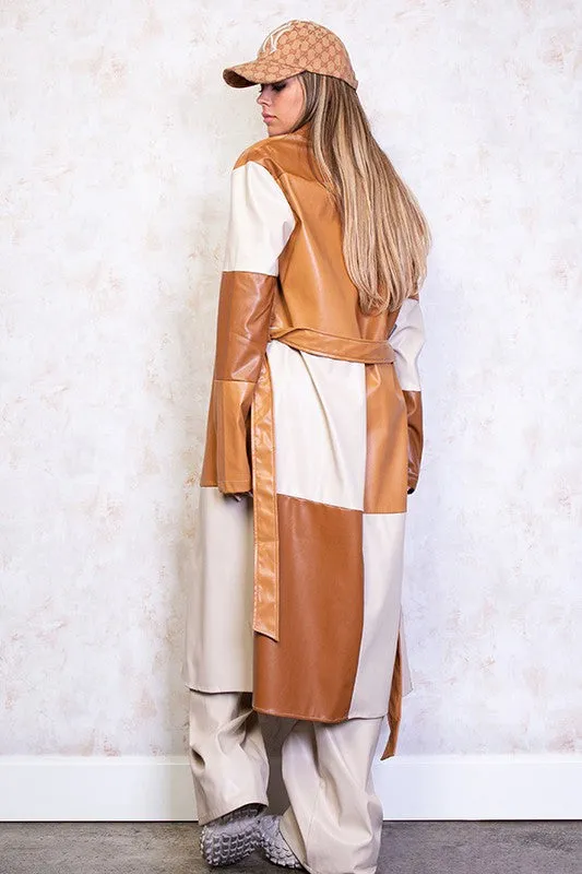 Faux Leather Patchwork Long Coat-FINAL SALE