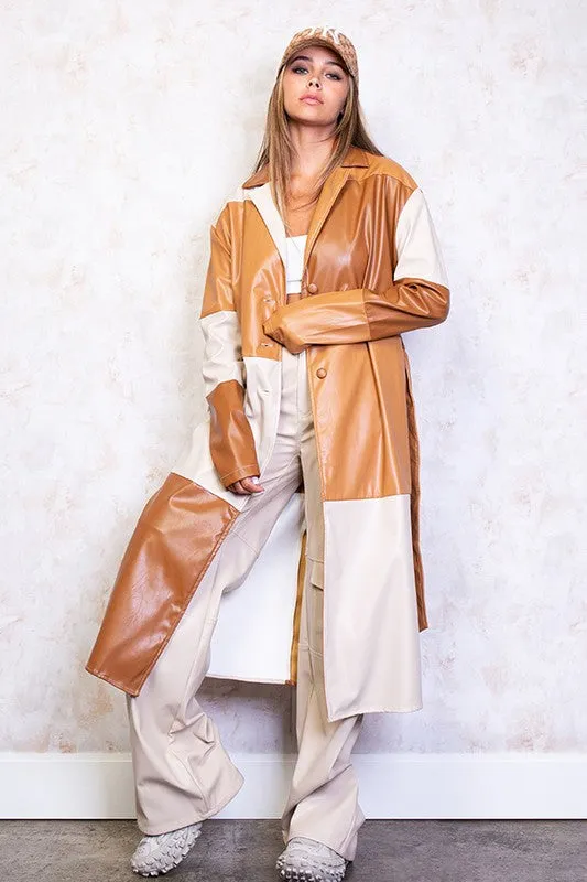 Faux Leather Patchwork Long Coat-FINAL SALE