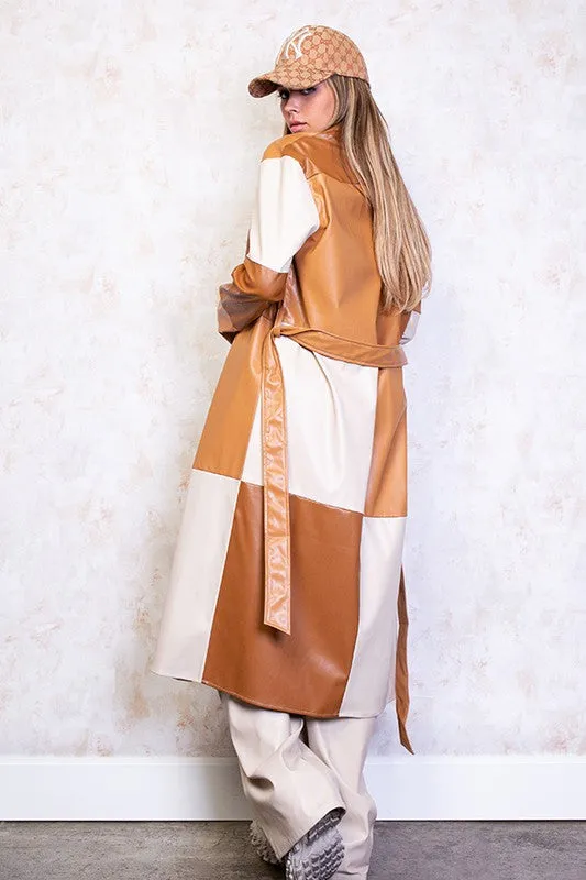 Faux Leather Patchwork Long Coat-FINAL SALE