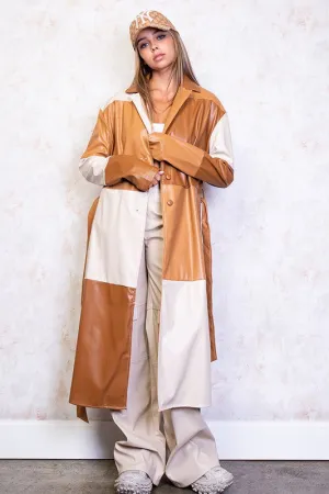 Faux Leather Patchwork Long Coat-FINAL SALE