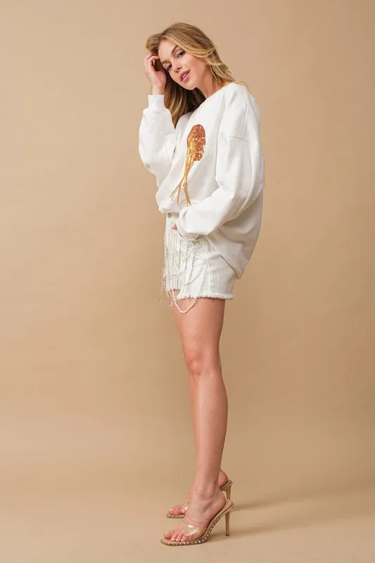 Fleece Terry White Football Sequin Patch Sweatshirt