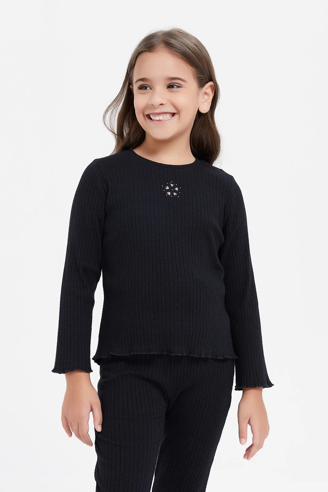 Girls Black Ribbed T-Shirt