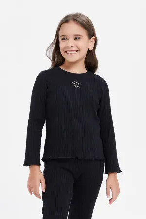 Girls Black Ribbed T-Shirt