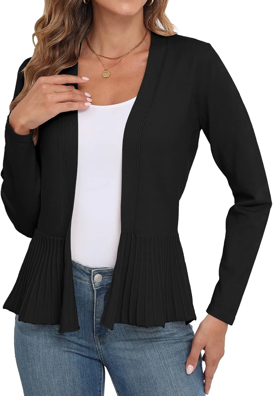 GRECERELLE Women Lightweight Casual Long Sleeves Cropped Cardigan Open Front Peplum Knit Sweater Outwear